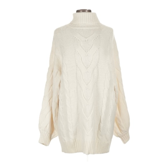 12th Tribe Ivory Longline Cable Knit Oversized Turtleneck Sweater Women’s L NWT - Picture 1 of 9
